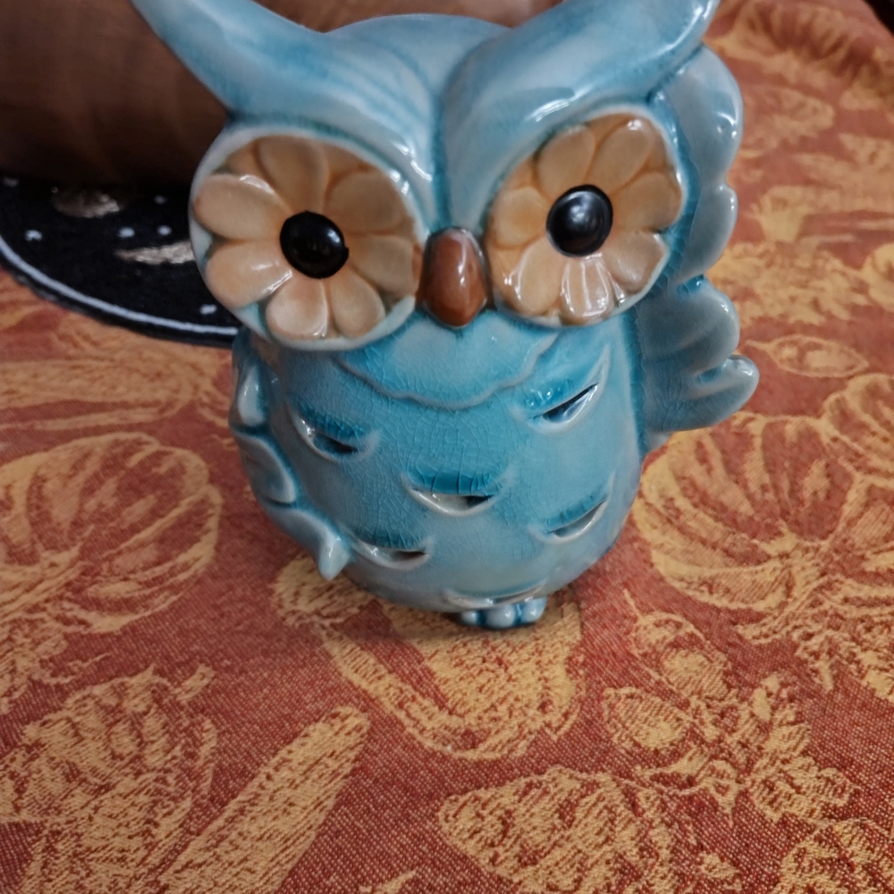 Ceramic Owl Figurine in Blue and Brown
